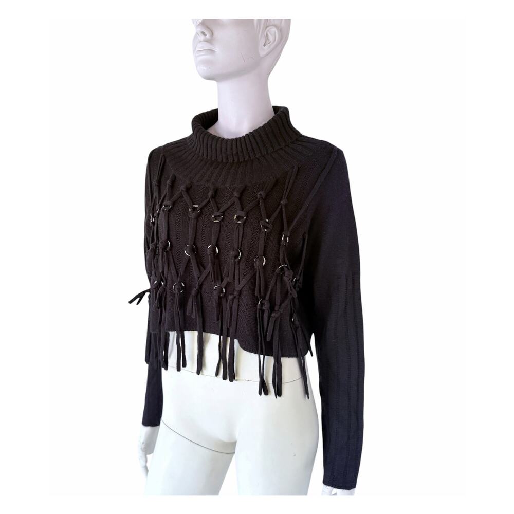 Lauren Vidal Black Cropped Metal Rings and ties unique sweater sz S